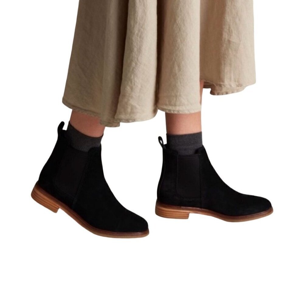 Clarks Black Suede Chelsea Ankle Boots with Tan Wood-Look Sole